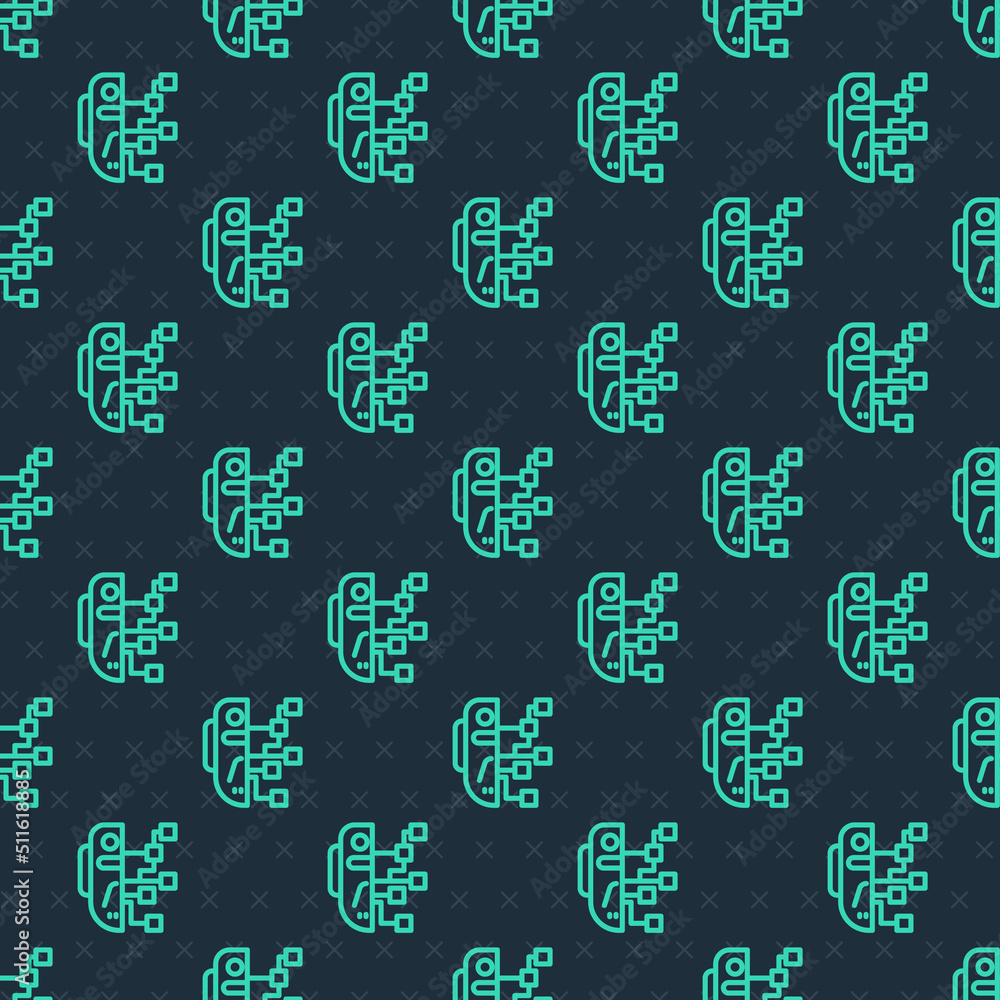 Poster Green line Humanoid robot icon isolated seamless pattern on blue background. Artificial intelligence, machine learning, cloud computing. Vector