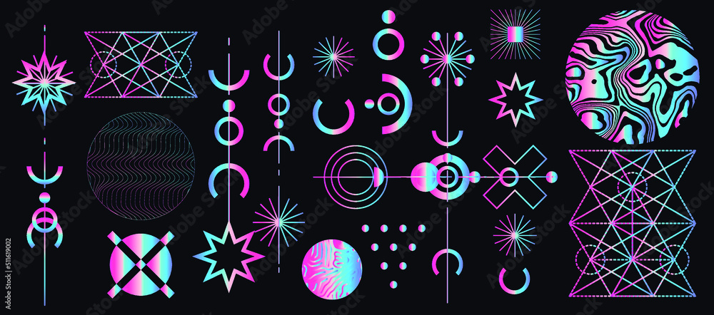 Poster abstract alien-like mysterious holographic symbols on dark background.