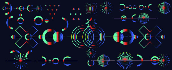 Abstract alien-like mysterious holographic symbols on dark background.