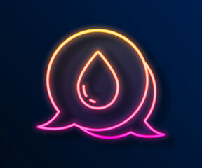 Glowing neon line Water drop with speech bubbles icon isolated on black background. Vector