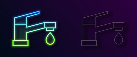 Glowing neon line Water tap icon isolated on black background. Vector