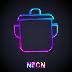 Glowing neon line Cooking pot icon isolated on black background. Boil or stew food symbol. Vector