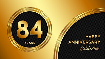 84 Years Anniversary logo with gold color for booklets, leaflets, magazines, brochure posters, banners, web, invitations or greeting cards. Vector illustration.