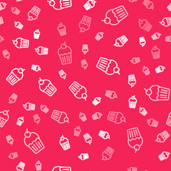 White line Muffin icon isolated seamless pattern on red background. Vector