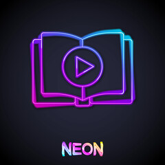 Glowing neon line Audio book icon isolated on black background. Play button and book. Audio guide sign. Online learning concept. Vector