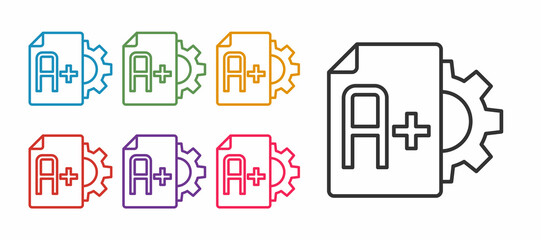 Set line Exam sheet with A plus grade icon isolated on white background. Test paper, exam, or survey concept. School test or exam. Set icons colorful. Vector