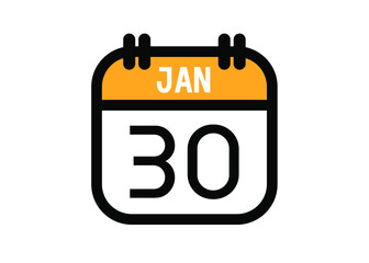 January 30. January calendar for deadline and appointment. Vector in Yellow.