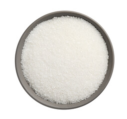 Granulated sugar in bowl isolated on white, top view