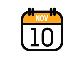 November 10. November calendar for deadline and appointment. Vector in Yellow.