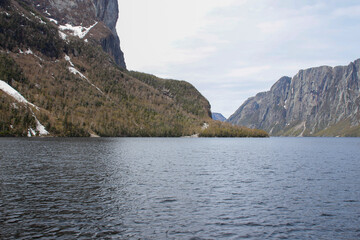 Western brook pond boat tour, views from a boat through the fjord