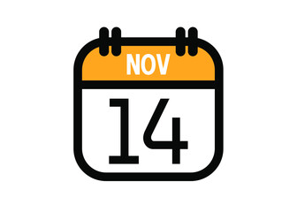 November 14. November calendar for deadline and appointment. Vector in Yellow.