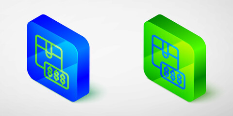 Isometric line Item price tag with dollar icon isolated on grey background. Badge for price. Sale with dollar symbol. Promo tag discount. Blue and green square button. Vector