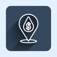 Fototapeta premium White line Oil drop with dollar symbol icon isolated with long shadow background. Oil price. Oil and petroleum industry. Blue square button. Vector