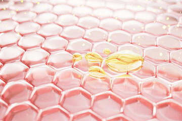 Science cosmetic, 3D Collagen serum and vitamin hyaluronic acid skin care solutions with cosmetic advertising background.