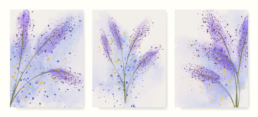 Watercolor art background with a bouquet of lavender in purple and blue colors. Botanical ink poster set for design wallpaper, textile, decor, print, invitations