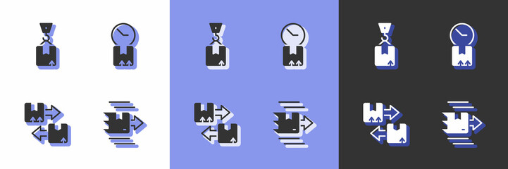 Set Carton cardboard box, Crane with, Cardboard traffic symbol and clock icon. Vector