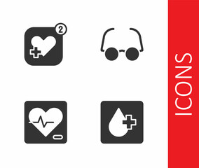 Set Blood test, Mobile with heart rate, Heart and Glasses icon. Vector