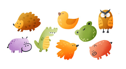 a collection of cute animal illustrations in pastel colors and grunge textures.