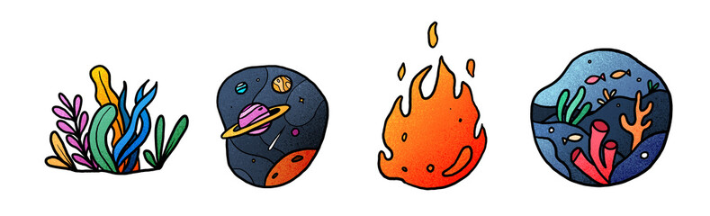 a collection of natural elements in hand drawn illustrations. 