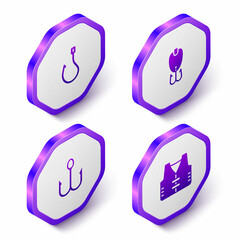 Set Isometric Fishing hook, lure, and jacket icon. Purple hexagon button. Vector