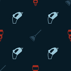 Set Dishwashing liquid bottle, Rubber plunger and Portable vacuum cleaner on seamless pattern. Vector