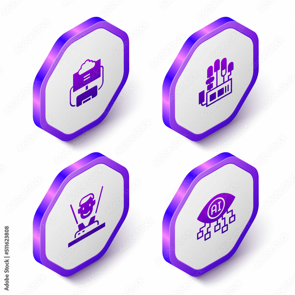 Aufkleber set isometric cloud database, mechanical robot hand, hologram and computer vision icon. purple hexag