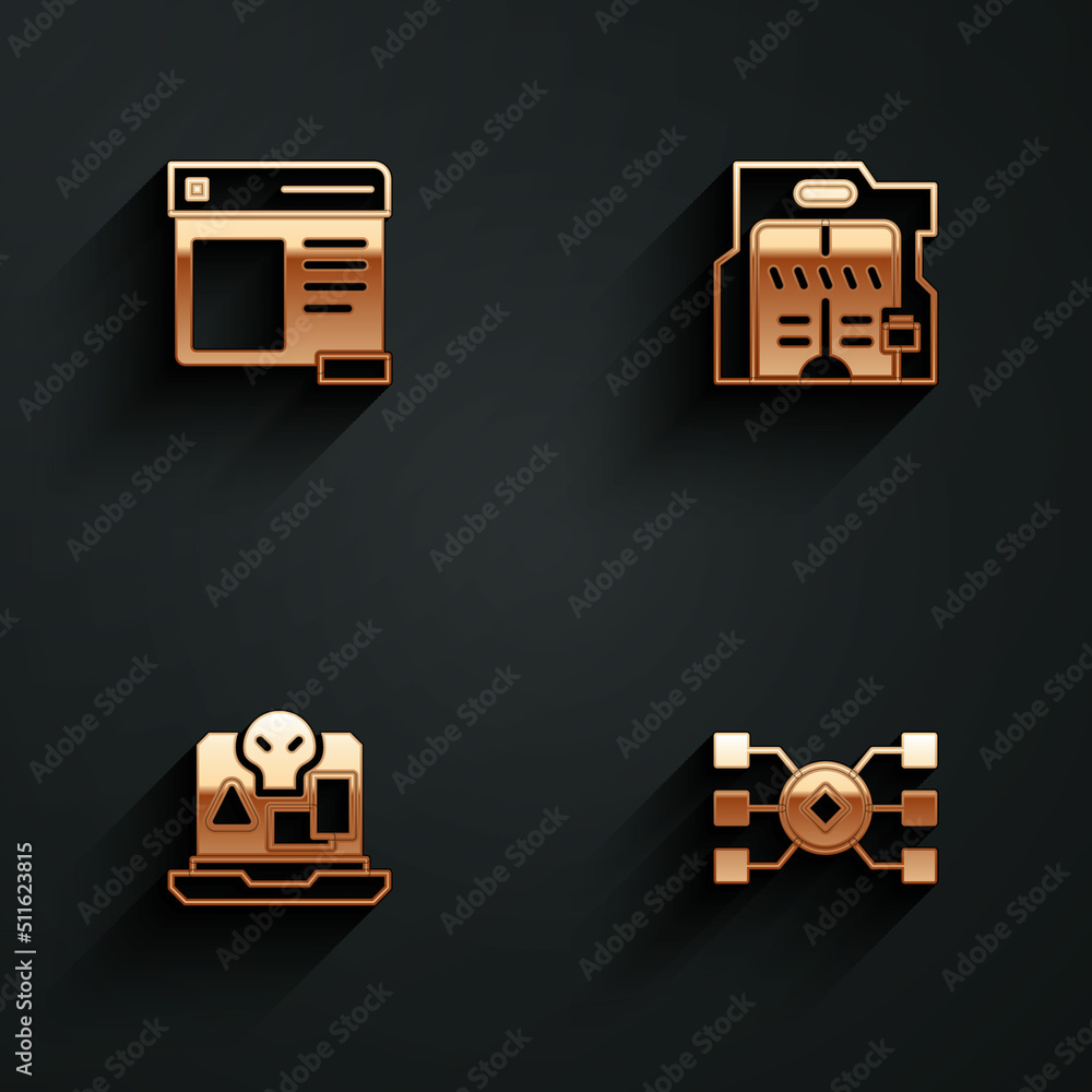 Poster set browser window, futuristic sliding doors, internet piracy and neural network icon with long shad