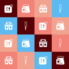 Set pop art Food ordering, Online food, Coffee cup to go and Knife icon. Vector