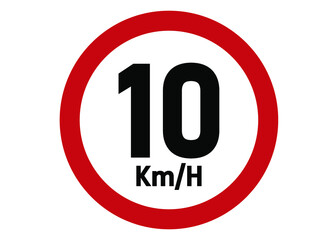 Maximum speed limit sign 10km/h. Road sign board in red isolated on white background. - obrazy, fototapety, plakaty