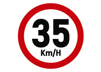 Maximum speed limit sign 35km/h. Road sign board in red isolated on white background.