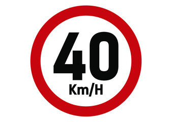 Maximum speed limit sign 40km/h. Road sign board in red isolated on white background.