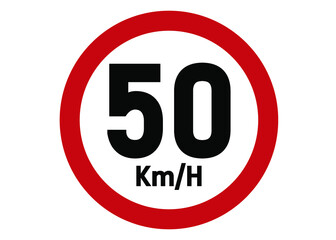 Maximum speed limit sign 50km/h. Road sign board in red isolated on white background. - obrazy, fototapety, plakaty