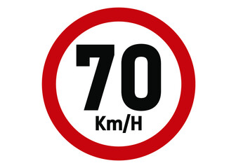 Maximum speed limit sign 70km/h. Road sign board in red isolated on white background.