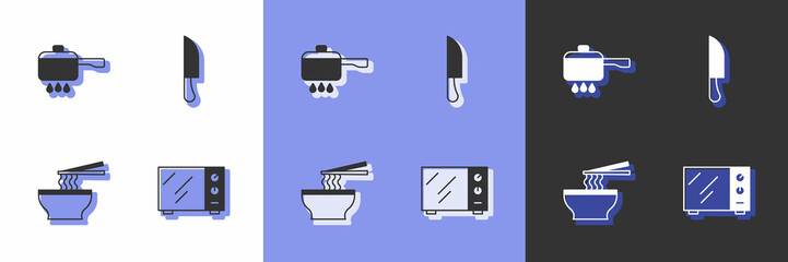 Set Microwave oven, Cooking pot on fire, Asian noodles bowl and Knife icon. Vector