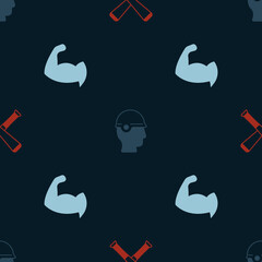 Set Crossed baseball bat, Baseball helmet and Bodybuilder showing his muscles on seamless pattern. Vector