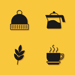 Set Winter hat, Coffee cup, Leaf and Teapot icon with long shadow. Vector