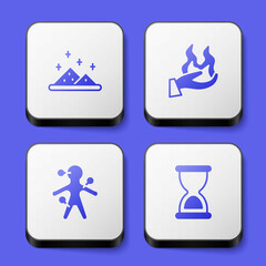 Set Magic powder, Hand holding fire, Voodoo doll and Old hourglass icon. White square button. Vector