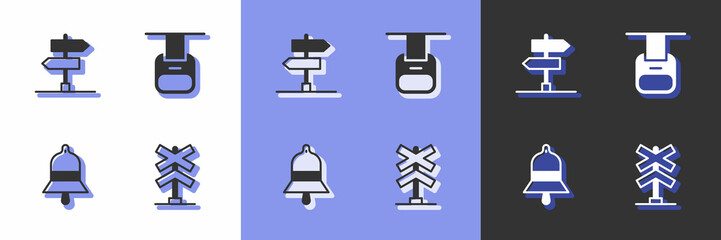 Set Railroad crossing, Road traffic sign, Train station bell and Cable car icon. Vector