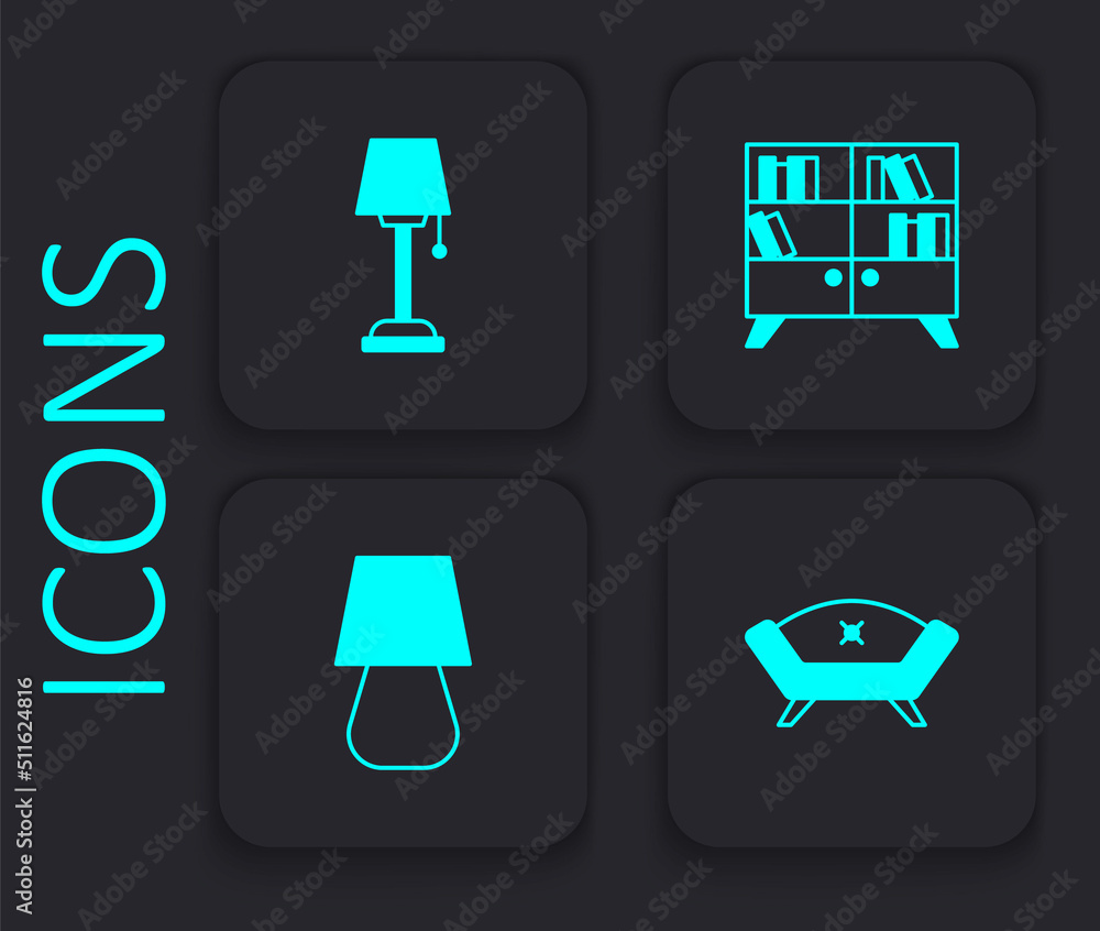 Poster set sofa, floor lamp, library bookshelf and table icon. black square button. vector