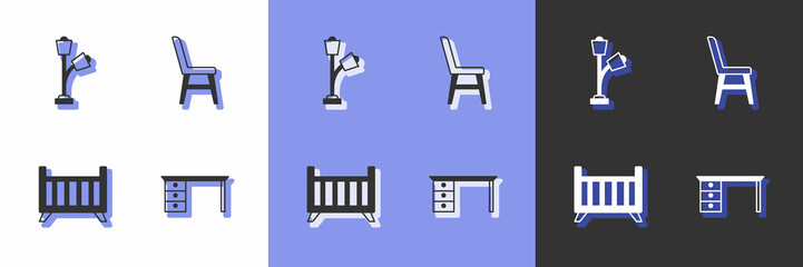 Set Office desk, Floor lamp, Baby crib cradle bed and Chair icon. Vector