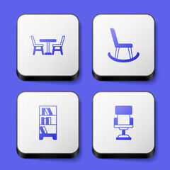 Set Table with chair, Armchair, Library bookshelf and Office icon. White square button. Vector