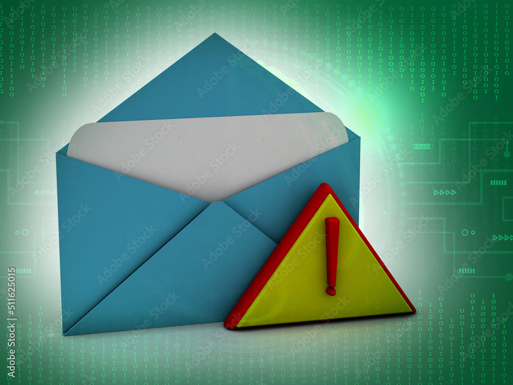 Poster alert email message concept exclamation mark in envelope isolated , 3d rendering with digital backgr