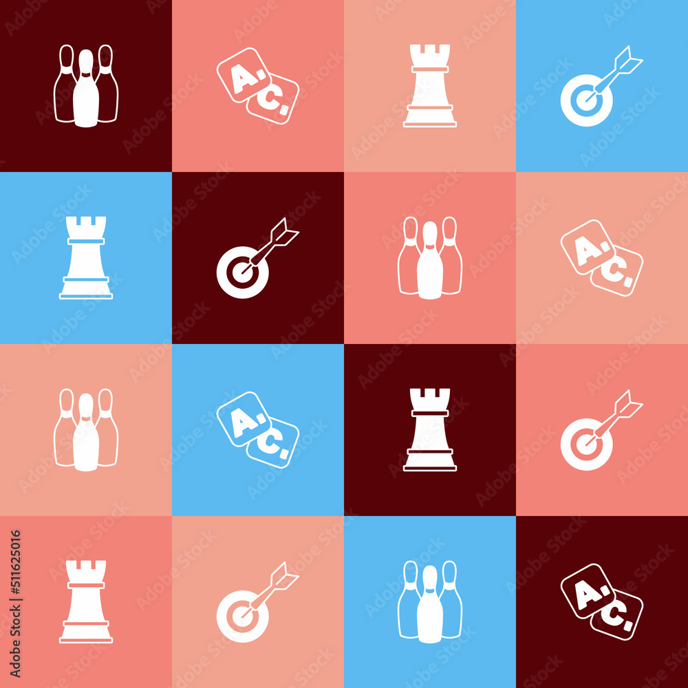 Wall mural Set pop art Bowling pin, Bingo, Chess and Classic dart board and arrow icon. Vector