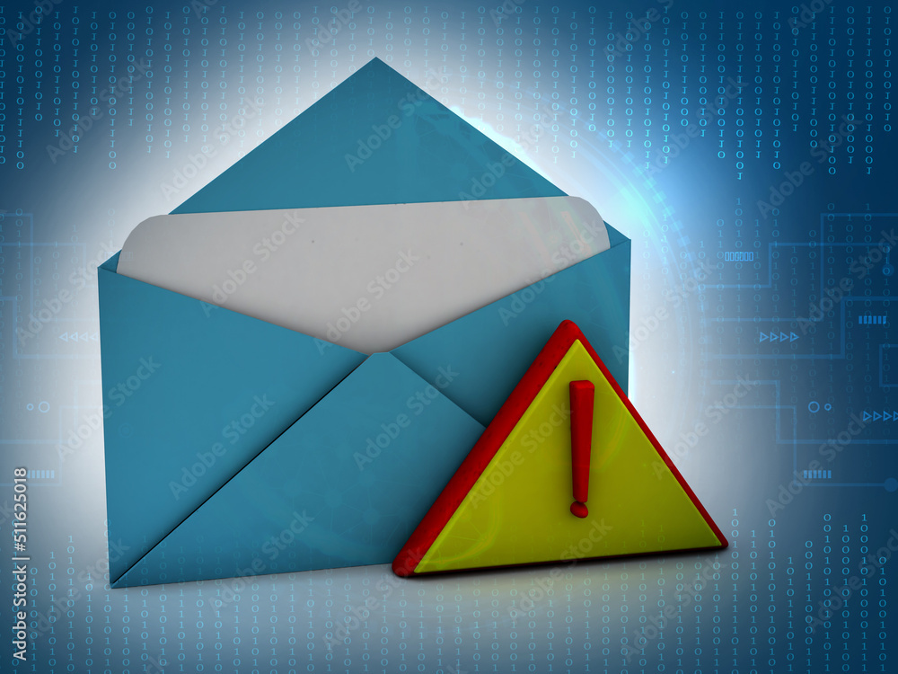 Poster alert email message concept exclamation mark in envelope isolated , 3d rendering with digital backgr
