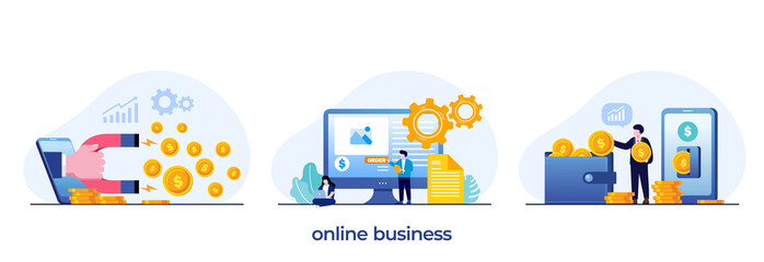 online business, business process, entrepreneurs, e-commerce, flat illustration vector