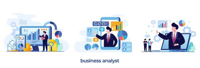 business analyst,data analytic, dashboard and business finance report. business finance investment concept. Data analysis team, business analytic. flat vector
