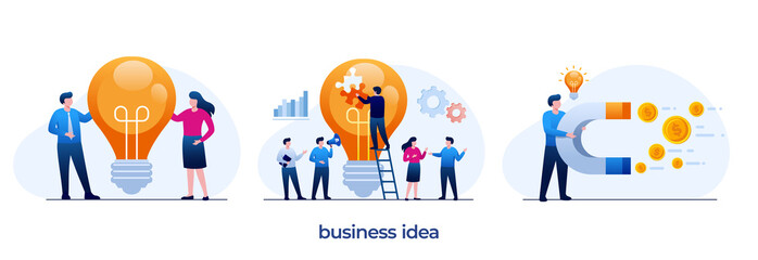 Business idea process, brainstorming, startup concept, light bulb illustration flat vector