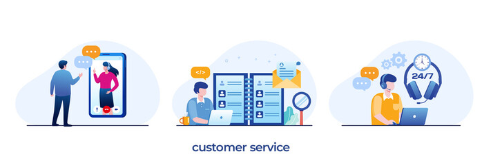 Customer service 24 hours, call center concept, women with microphone, assistant response, flat vector illustration