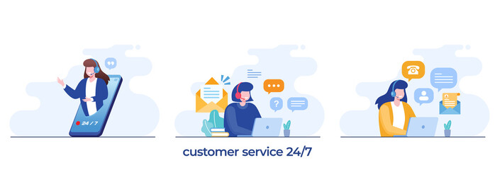 Customer service 24 hours, call center concept, women with microphone, assistant response, flat vector illustration