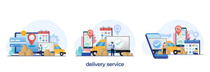 Obraz premium delivery services concept, online delivery application, worldwide express deliver, shopping package flat illustration vector